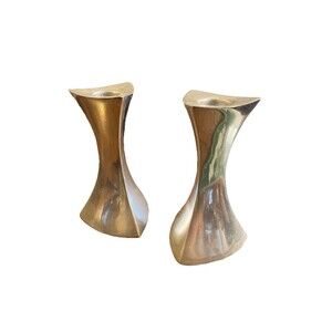 MCM Nambe 594 Modernist Candlestick Holders Metallic Silver Aluminum 4.75”
